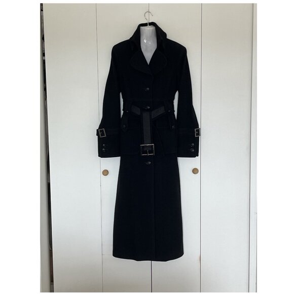 LAUNDRY women full lenght wool trench coat single breasted black belted size 4 - Picture 1 of 7